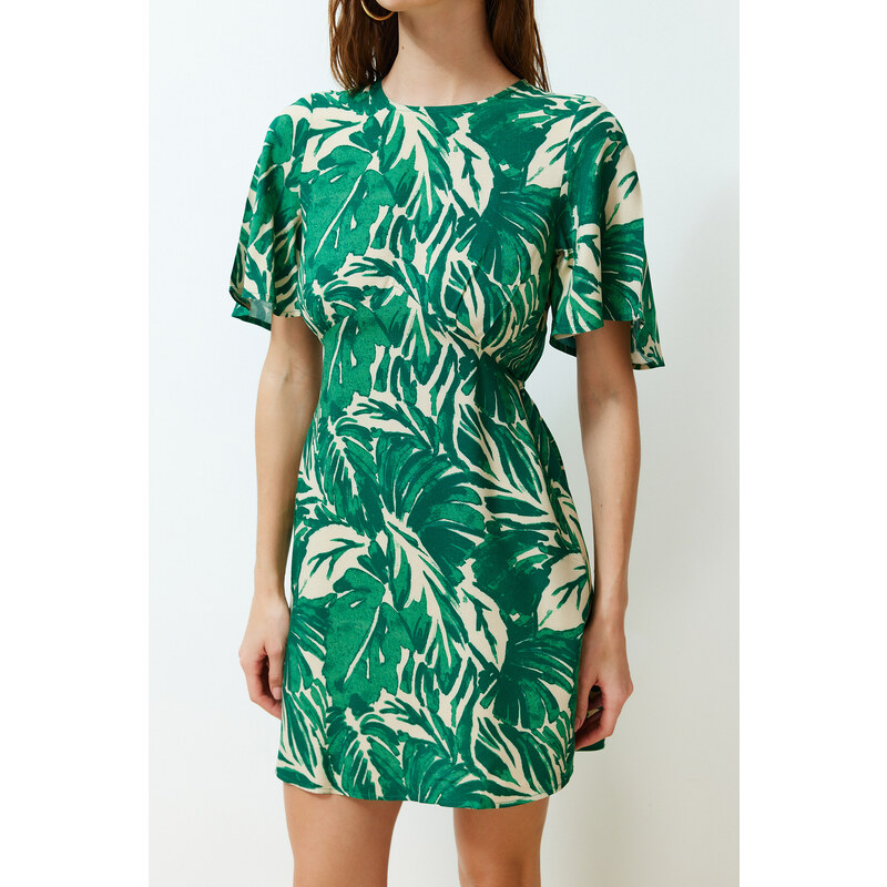 Trendyol Green Tropical Floral A-line Viscose Mini Woven Dress