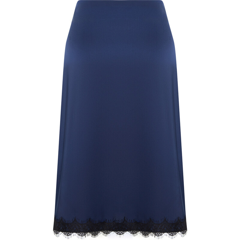 Trendyol Curve Navy Blue Satin Midi Length Lace Woven Skirt