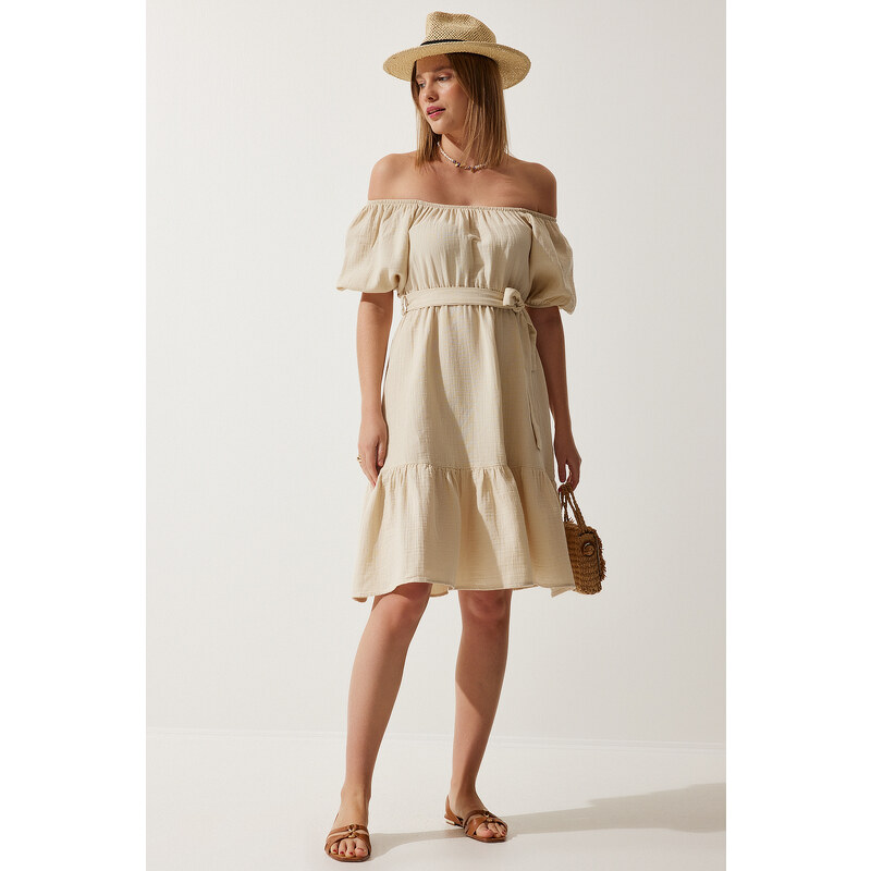 Happiness İstanbul Womens Cream Carmen Collar Belted Summer Muslin 107074300