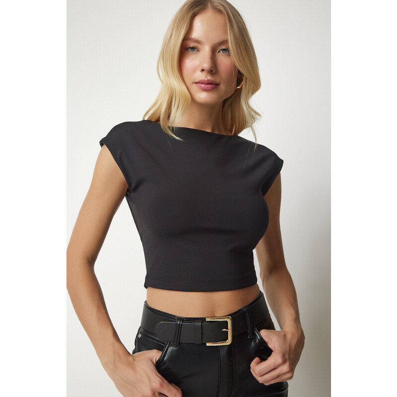 Happiness İstanbul Women's Black Decollete Knitted Crop Blouse