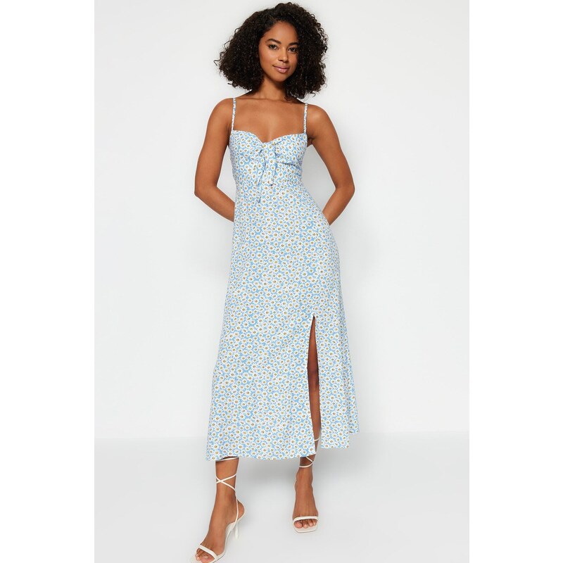 Trendyol Blue Floral Print Straight Cut Tie Detailed Strappy Woven Dress