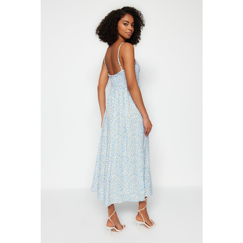 Trendyol Blue Floral Print Straight Cut Tie Detailed Strappy Woven Dress