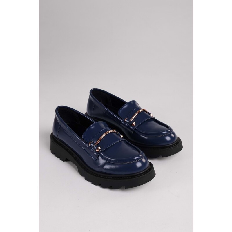 Shoeberry Women's Martha Navy Blue Spread Thick Sole Buckled Loafer Navy Blue Spread