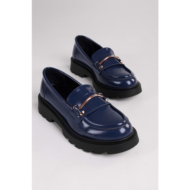 Shoeberry Women's Martha Navy Blue Spread Thick Sole Buckled Loafer Navy Blue Spread
