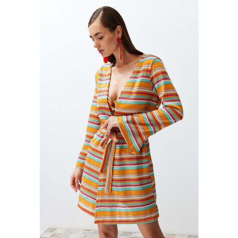Trendyol Geometric Patterned Belted Mini Knitted Knitwear effect Kimono & Kaftan