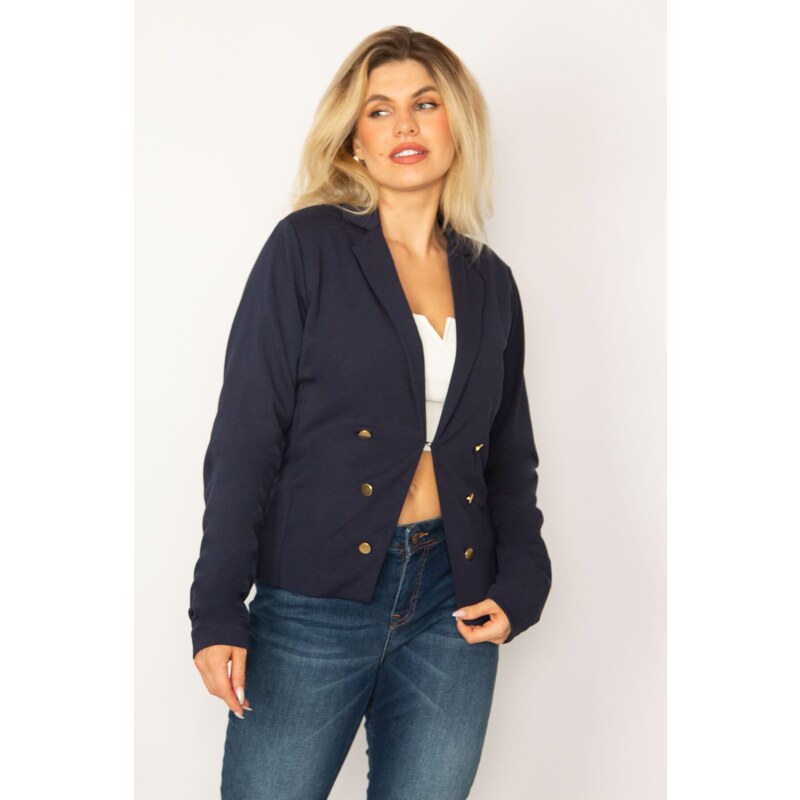 Şans Women's Plus Size Navy Blue Classic Coat with Clip-on Closure and Ornamental Metal Buttons.