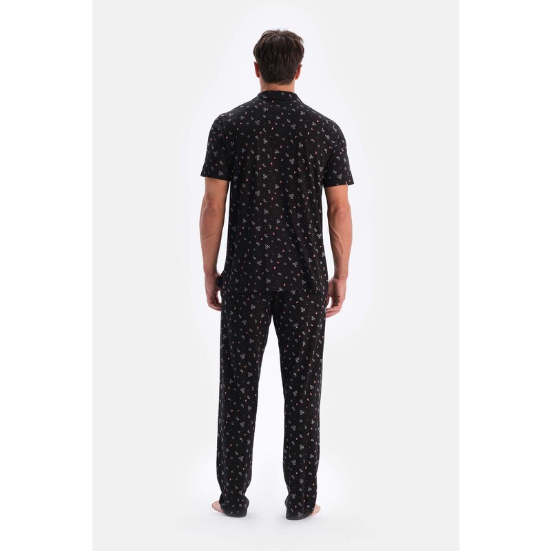 Dagi Black Size Printed Cotton Modal Shirt Pants Pajamas Set