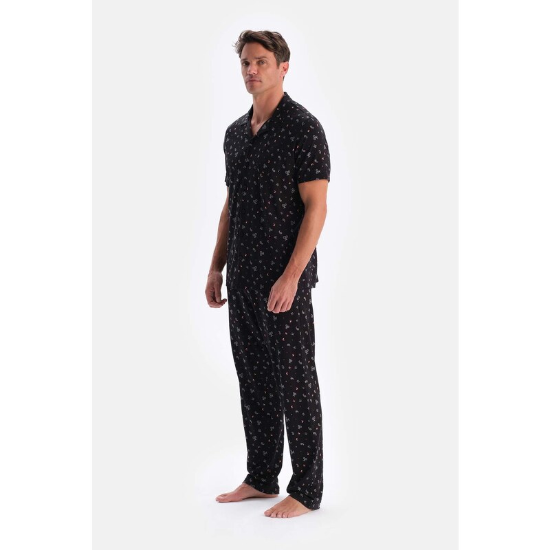 Dagi Black Size Printed Cotton Modal Shirt Pants Pajamas Set