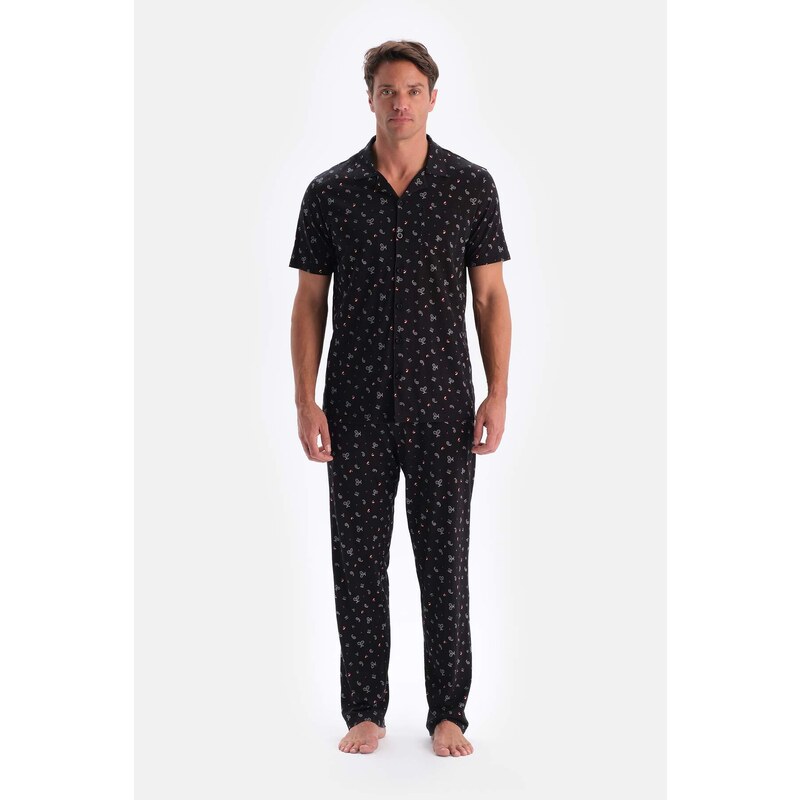 Dagi Black Size Printed Cotton Modal Shirt Pants Pajamas Set