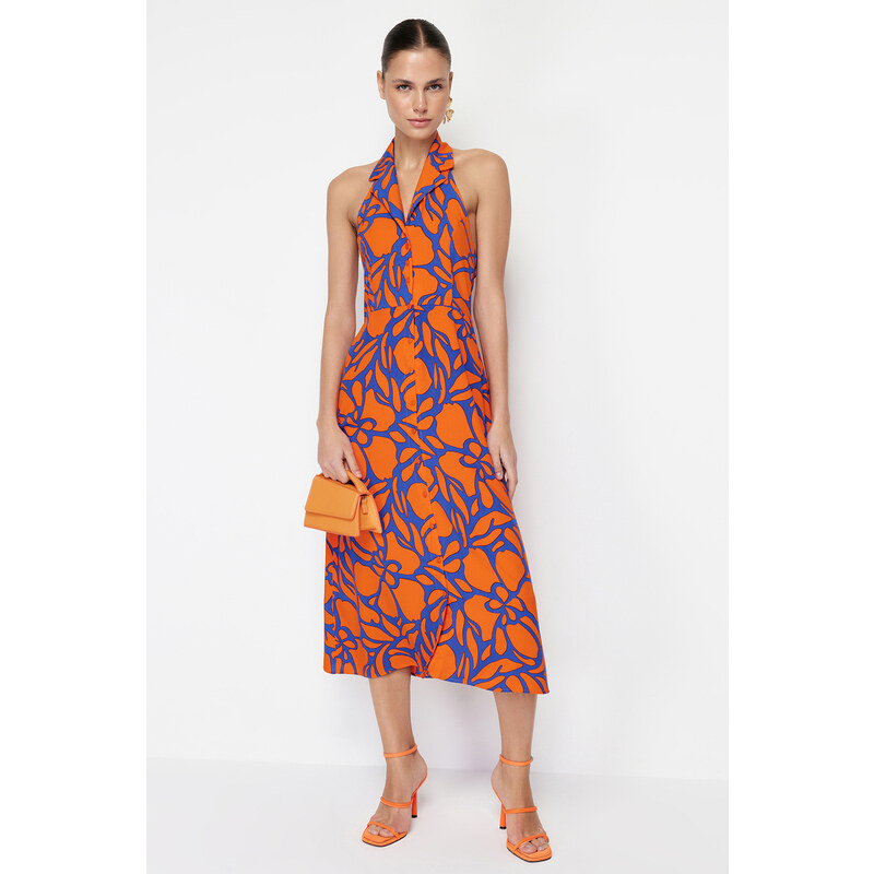 Trendyol Orange Shirt Collar Viscose Midi Woven Dress