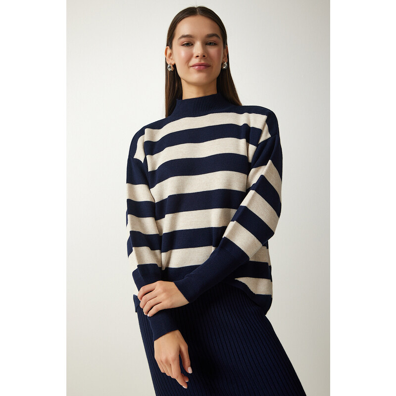 Happiness İstanbul Women's Navy Blue Striped Sweater Dress Knitwear Suit