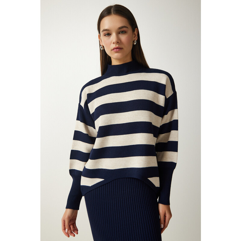 Happiness İstanbul Women's Navy Blue Striped Sweater Dress Knitwear Suit