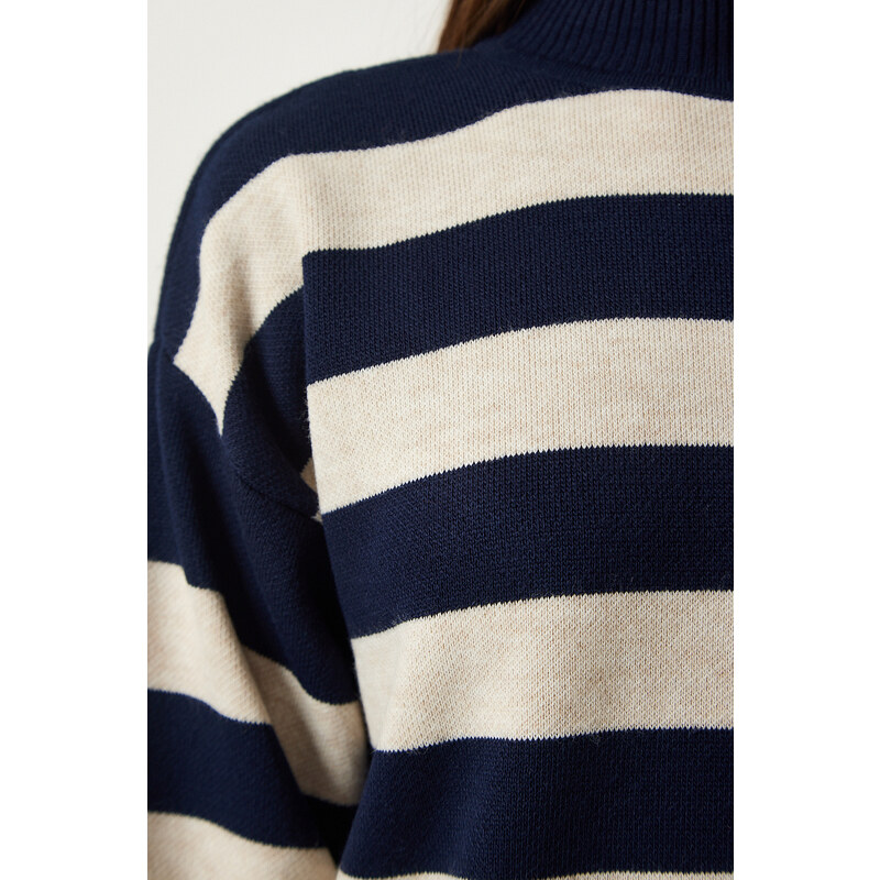 Happiness İstanbul Women's Navy Blue Striped Sweater Dress Knitwear Suit