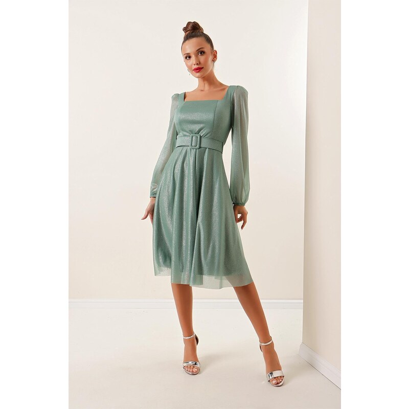 By Saygı Square Neck Belted Balloon Sleeve Lined Silvery Dress