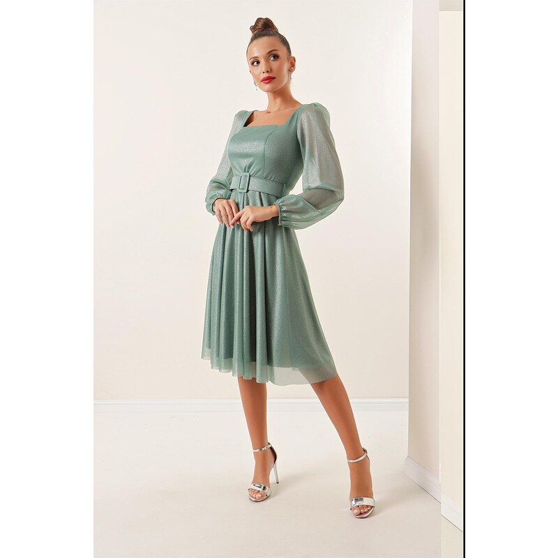 By Saygı Square Neck Belted Balloon Sleeve Lined Silvery Dress