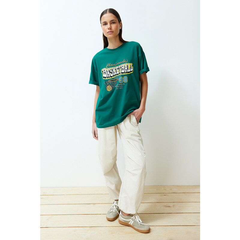 Trendyol Emerald Green Oversize Printed Crew Neck Short Sleeve Knitted T-Shirt