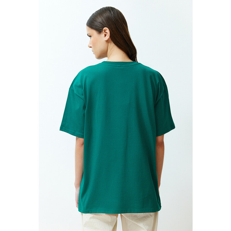 Trendyol Emerald Green Oversize Printed Crew Neck Short Sleeve Knitted T-Shirt