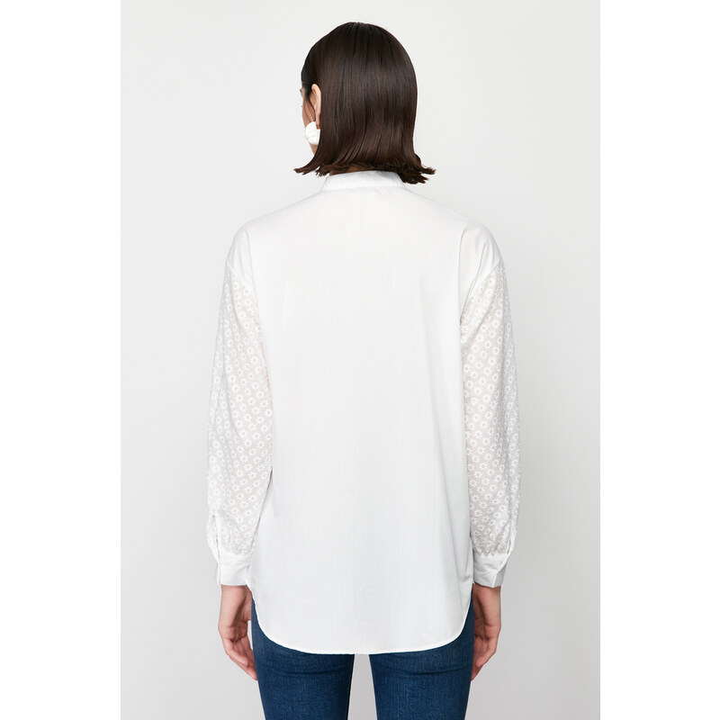 Trendyol Ecru Brode Lace Detail Cotton Woven Shirt