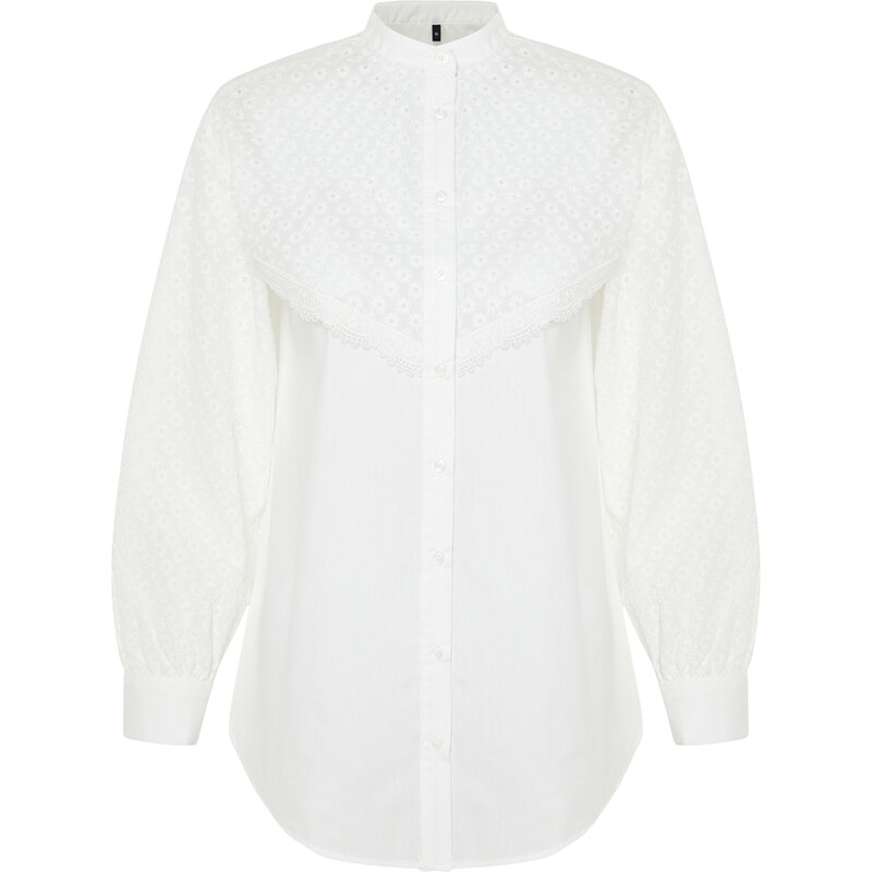 Trendyol Ecru Brode Lace Detail Cotton Woven Shirt