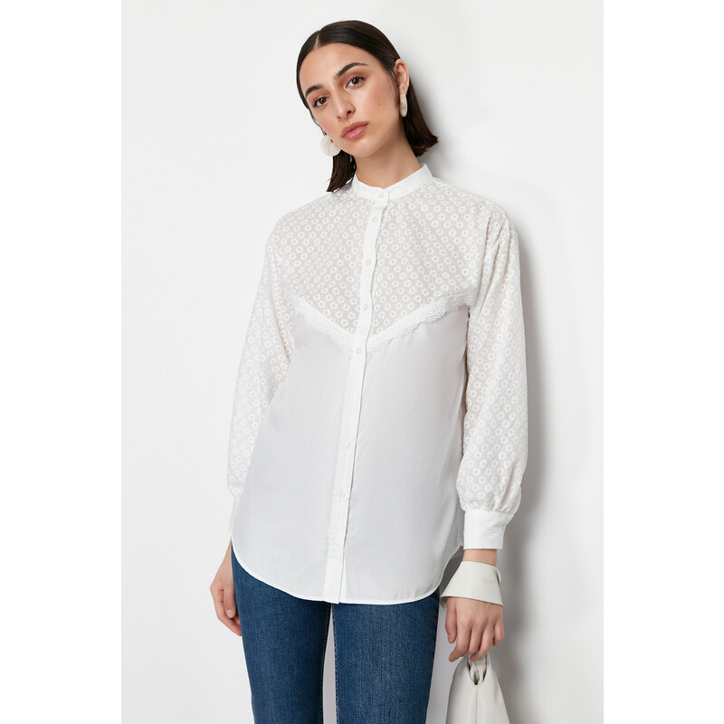 Trendyol Ecru Brode Lace Detail Cotton Woven Shirt