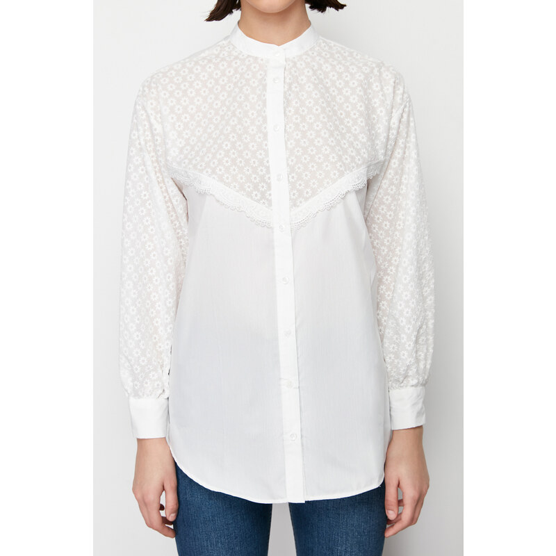 Trendyol Ecru Brode Lace Detail Cotton Woven Shirt