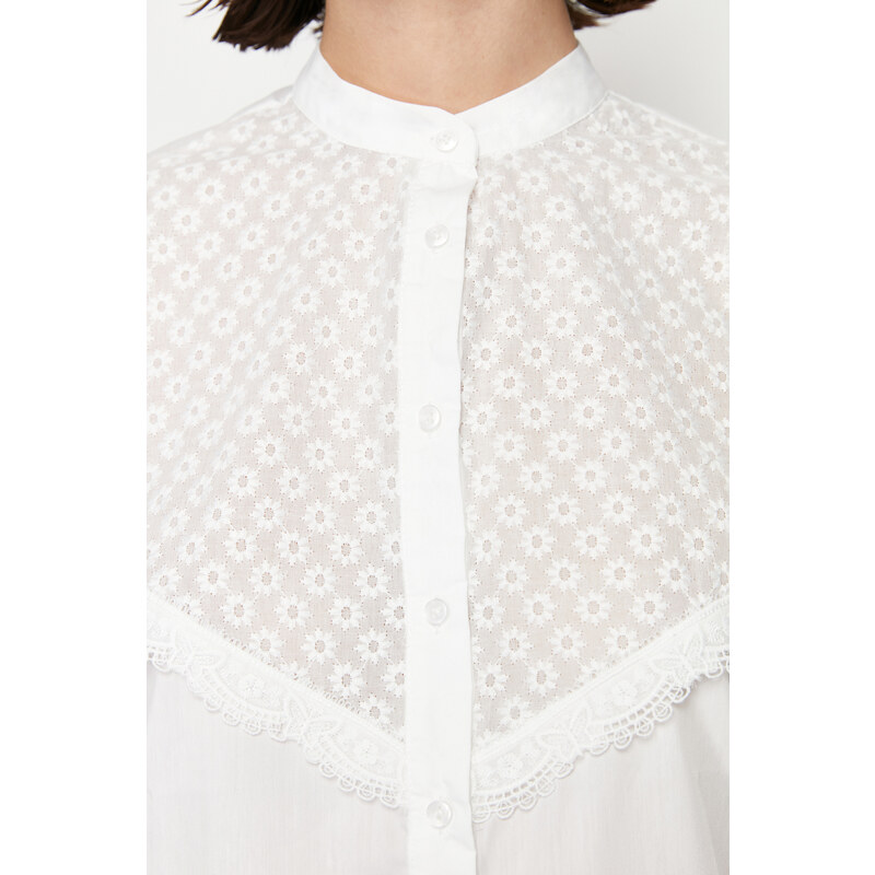 Trendyol Ecru Brode Lace Detail Cotton Woven Shirt