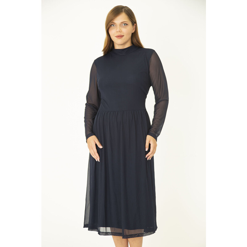 Şans Women's Plus Size Navy Blue Waist Pleated Lined Tulle Dress