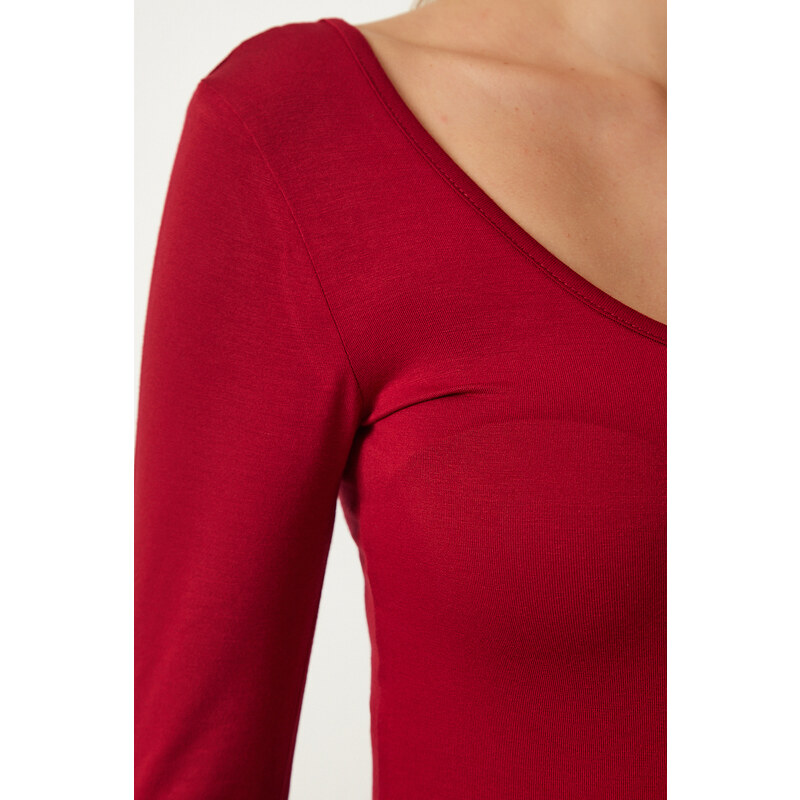 Happiness İstanbul Women's Burgundy Wide U-Neck Viscose Knitted Blouse