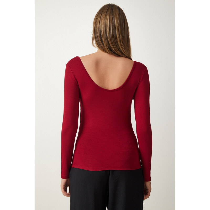 Happiness İstanbul Women's Burgundy Wide U-Neck Viscose Knitted Blouse