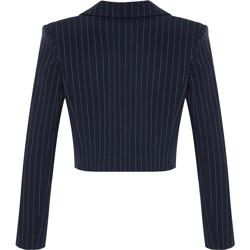 Trendyol Navy Blue Polyviscon Striped Crop Premium Woven Blazer Jacket