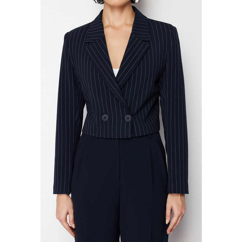 Trendyol Navy Blue Polyviscon Striped Crop Premium Woven Blazer Jacket