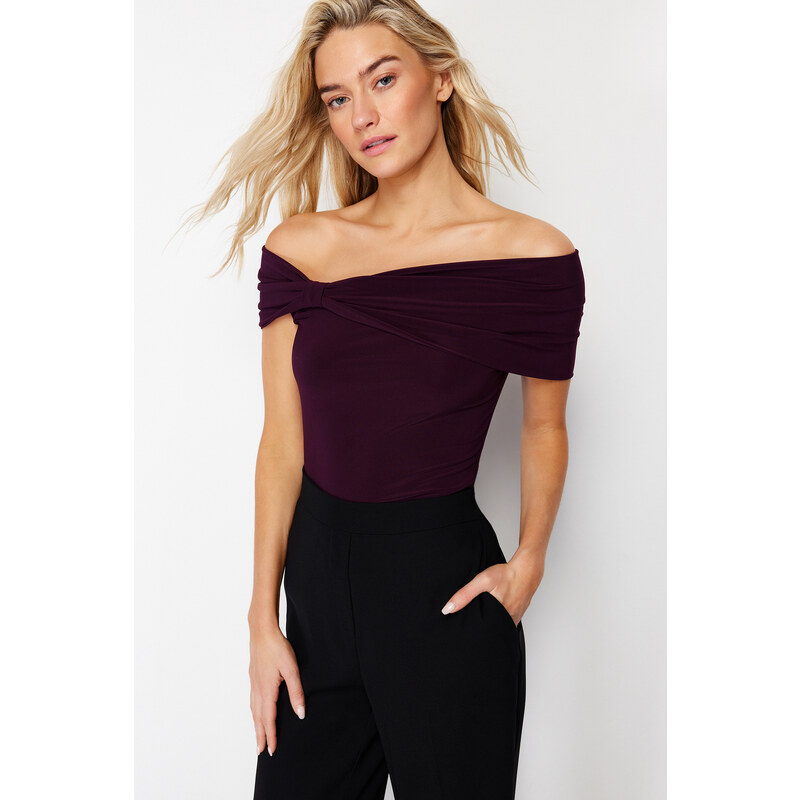 Trendyol Plum Carmen Neck Fitted Stretchy Crop Knitted Blouse