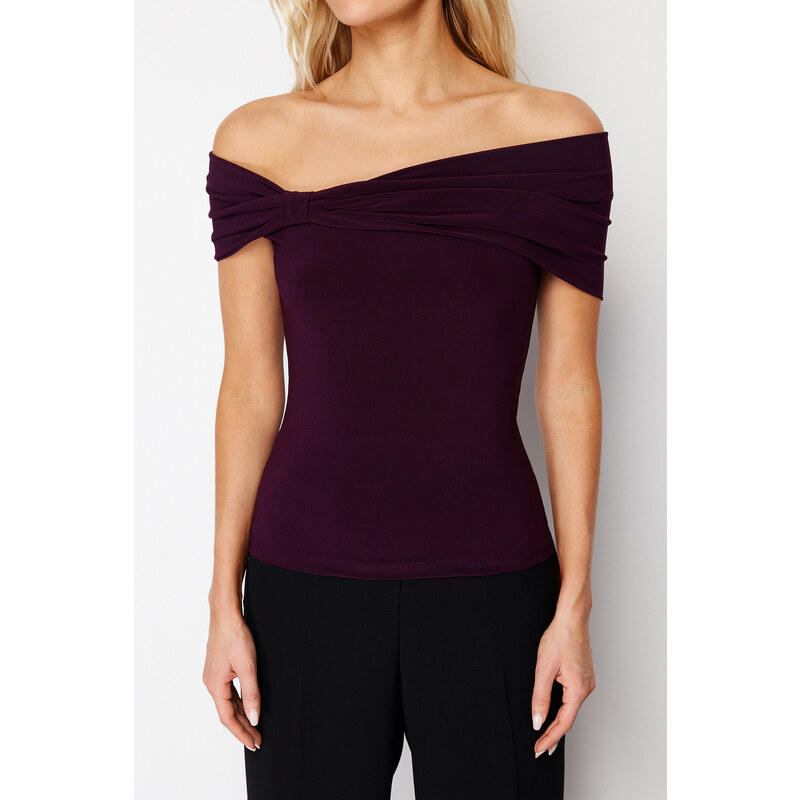 Trendyol Plum Carmen Neck Fitted Stretchy Crop Knitted Blouse