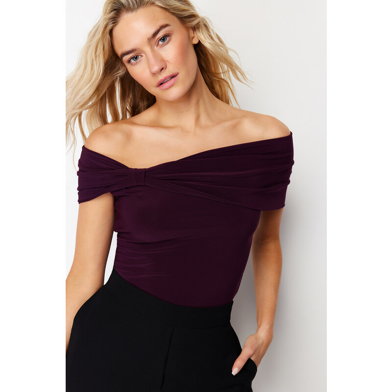 Trendyol Plum Carmen Neck Fitted Stretchy Crop Knitted Blouse