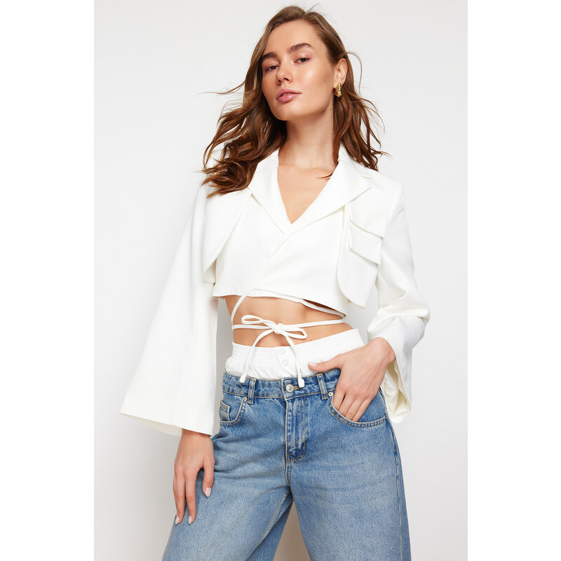 Trendyol Ecru Crop Lined Double Breasted Closure Woven Blazer Jacket