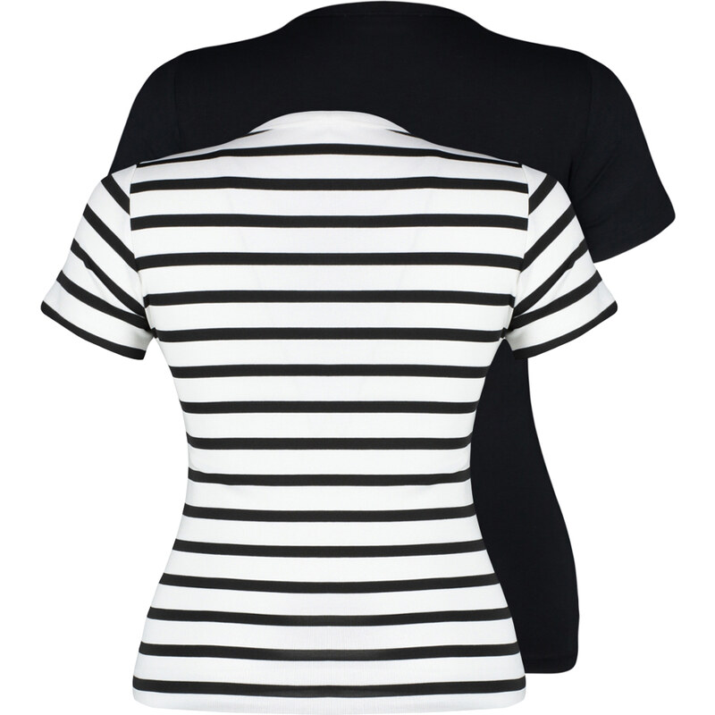 Trendyol Curve Black-Ecru Striped 2-Pack Viscous Stretch Knitted Blouse