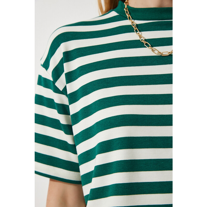 Happiness İstanbul Women's Dark Green Crew Neck Striped Crop Knitted T-Shirt
