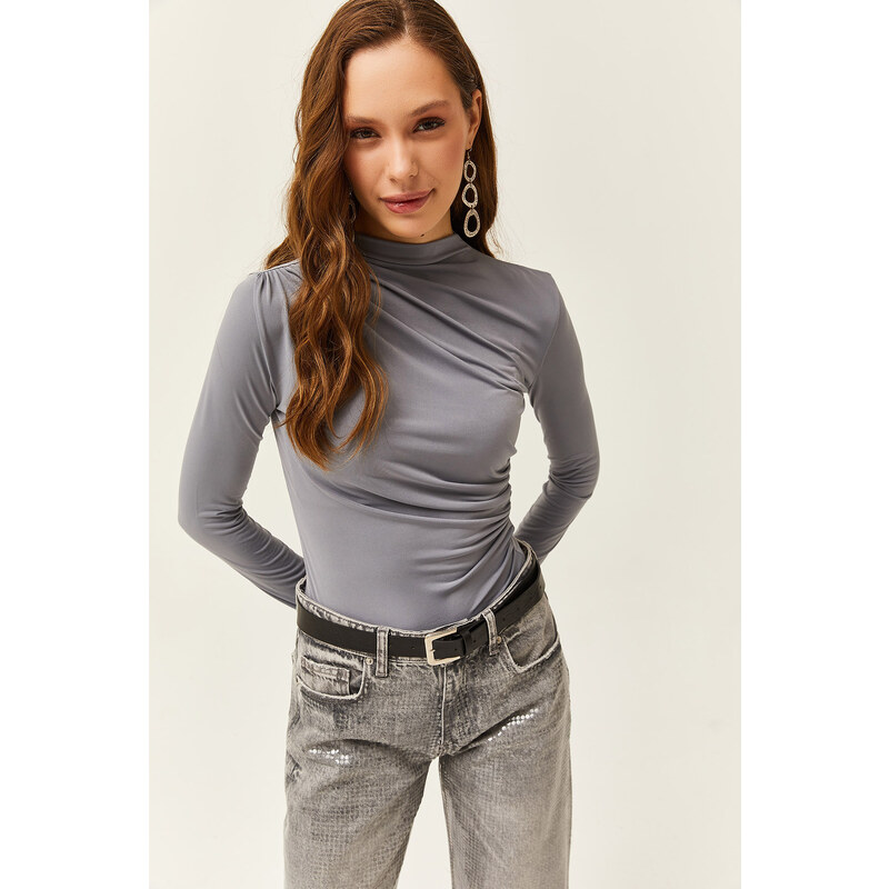 Olalook Women's Gray High Collar Ruffle Detailed Lycra Blouse