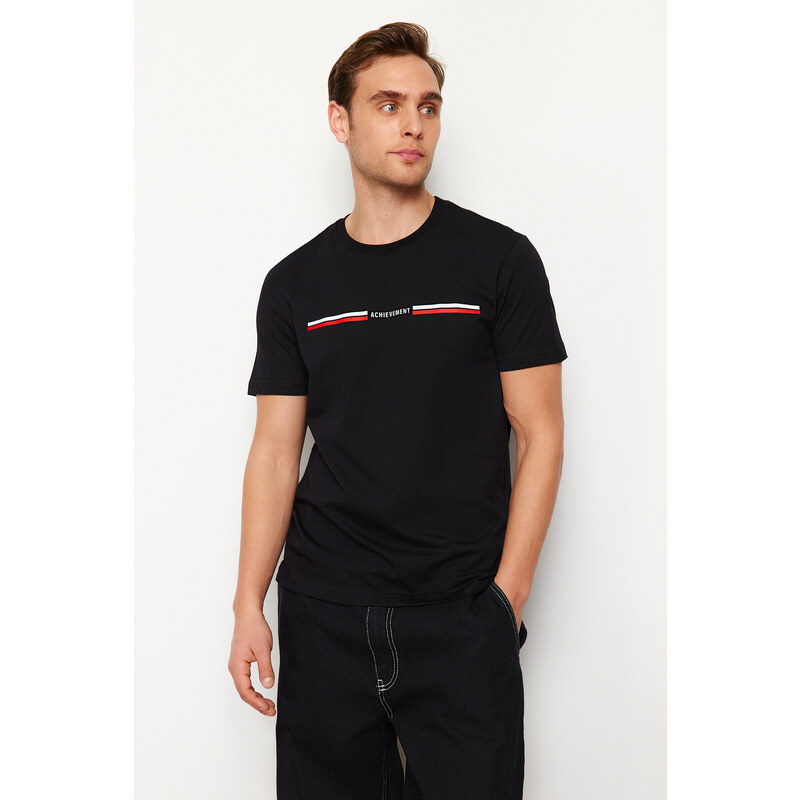 Trendyol Black Regular/Regular Fit Stripe Pattern 100% Cotton T-shirt