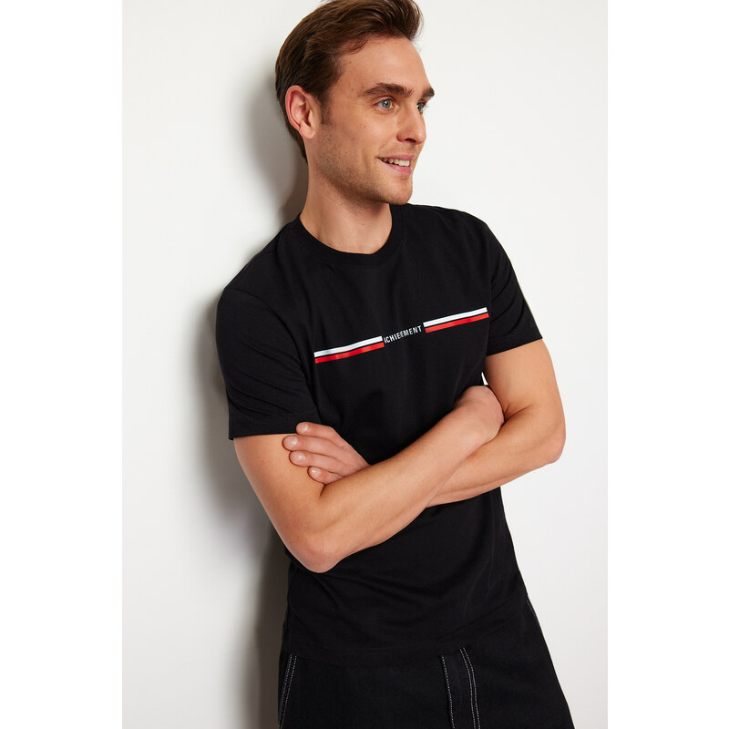 Trendyol Black Regular/Regular Fit Stripe Pattern 100% Cotton T-shirt