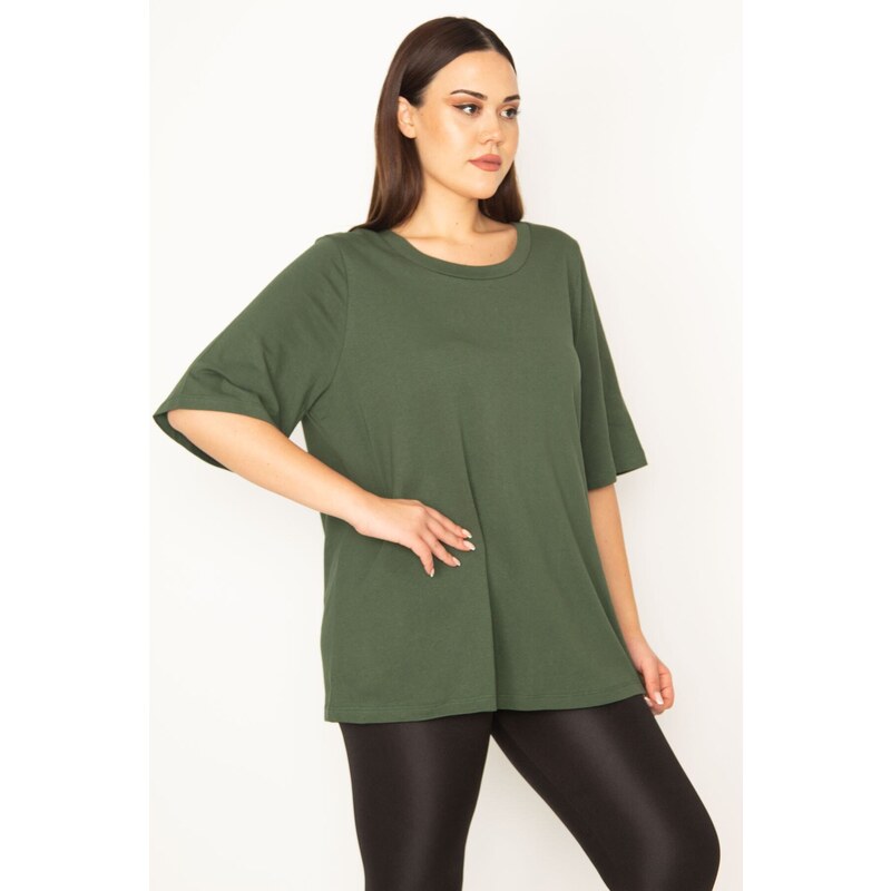 Şans Women's Plus Size Khaki Crew Neck Short Sleeve Blouse