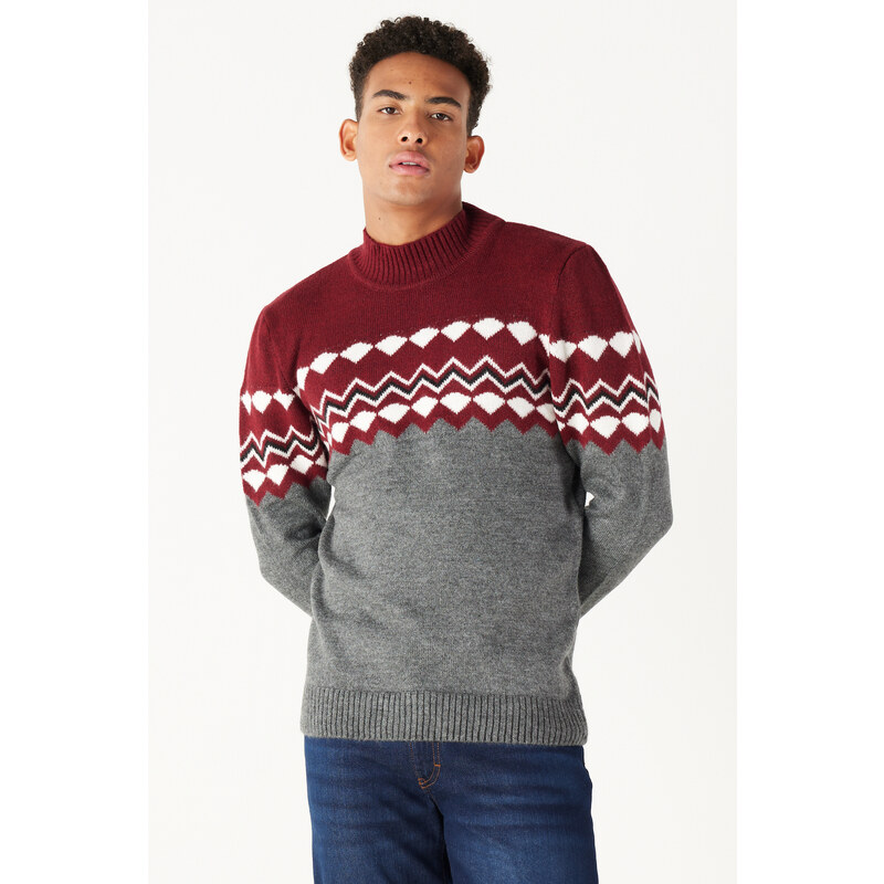 AC&Co / Altınyıldız Classics Men's Burgundy Anthracite Standard Fit Half Turtleneck Raised Soft Textured Knitwear Sweater