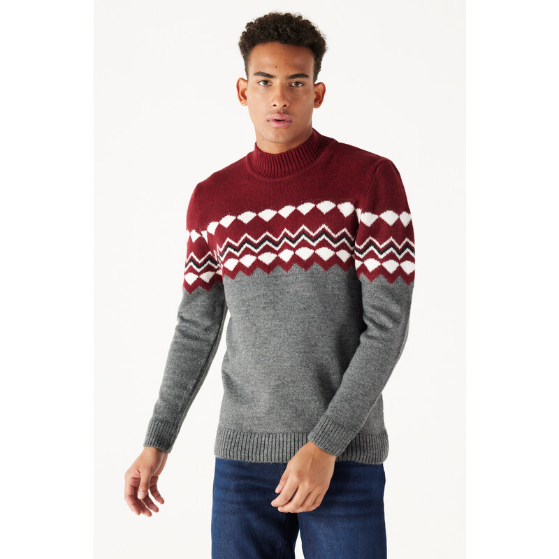 AC&Co / Altınyıldız Classics Men's Burgundy Anthracite Standard Fit Half Turtleneck Raised Soft Textured Knitwear Sweater