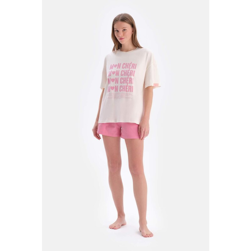 Dagi Ecru Short Sleeve Piece Printed Single Jersey T-Shirt Shorts Pajamas Set