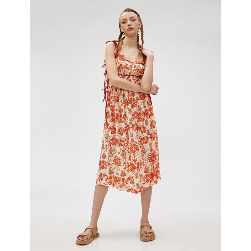 Koton Floral Midi Dress with Straps and Bow Detail Pleated Tie Viscose