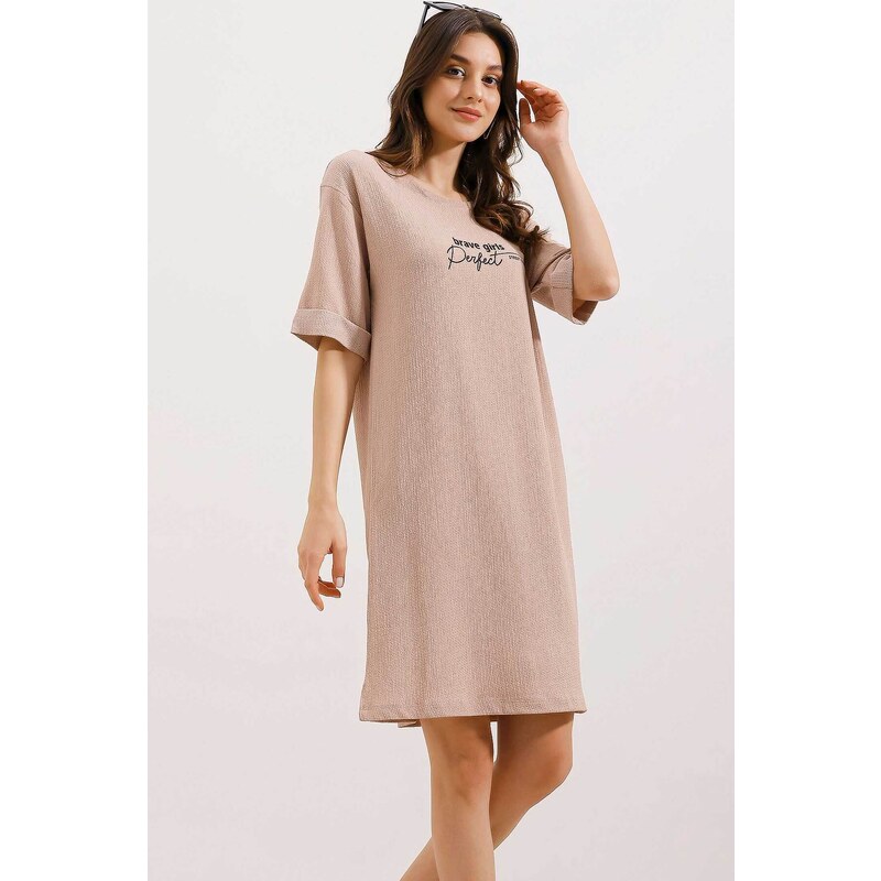 Bigdart 2452 Printed Oversize Knitted Dress - Biscuit