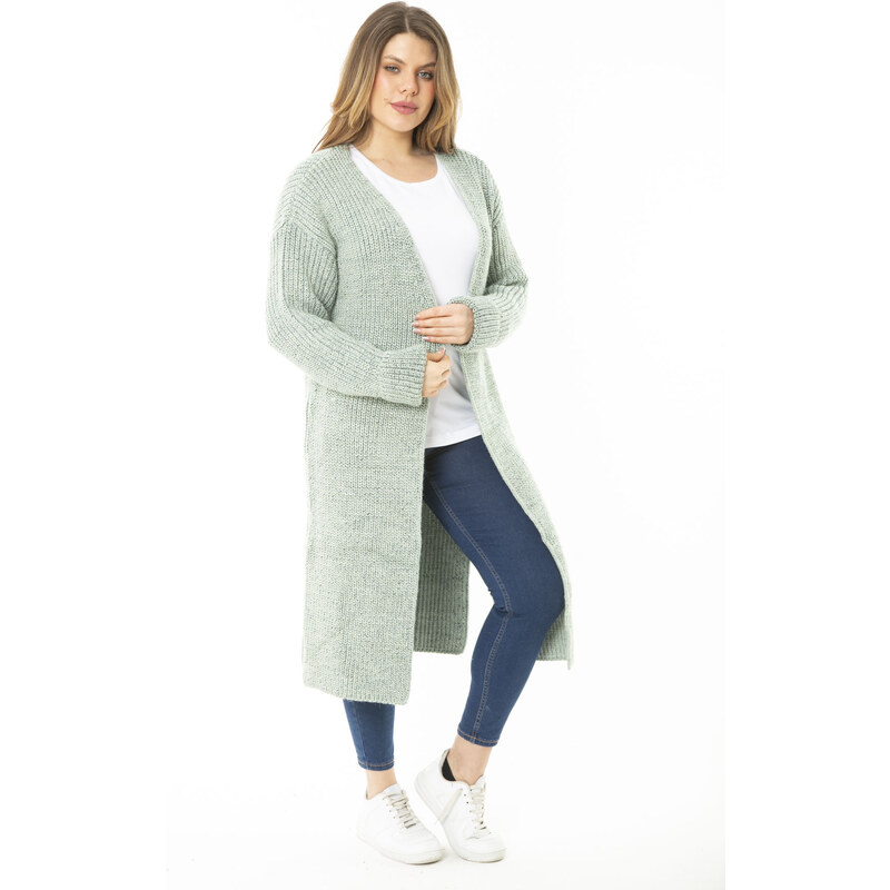 Şans Women's Large Size Green Slit Thick Knitwear Long Cardigan