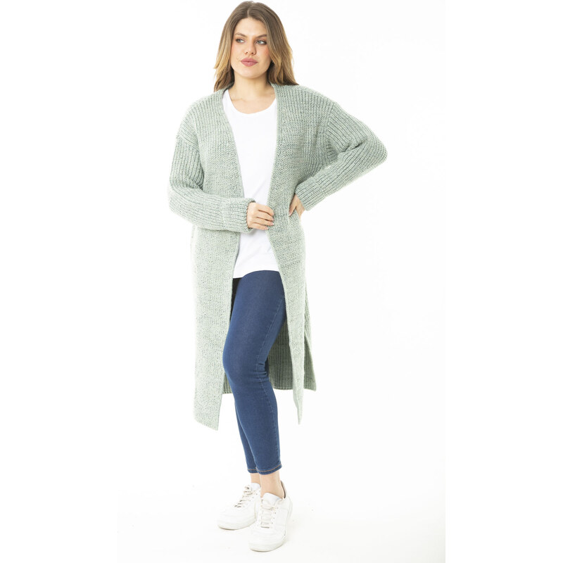 Şans Women's Large Size Green Slit Thick Knitwear Long Cardigan