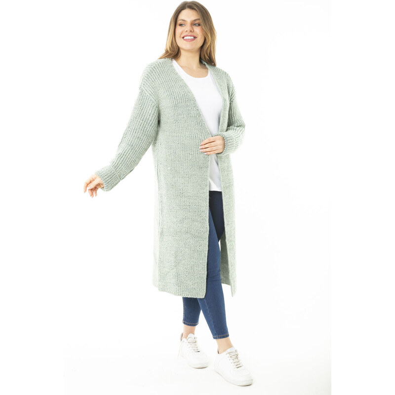 Şans Women's Large Size Green Slit Thick Knitwear Long Cardigan