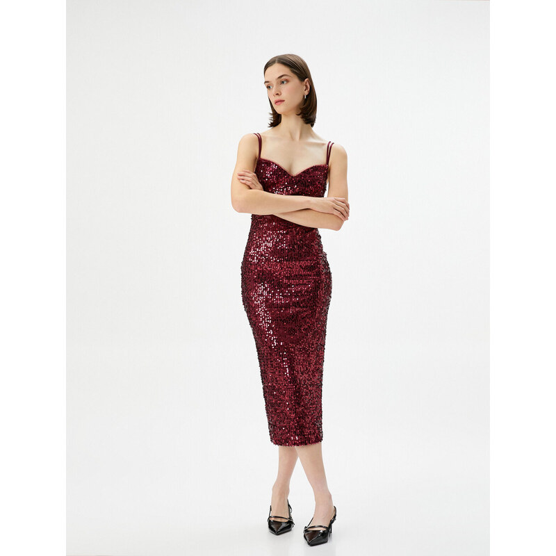 Koton Sequined Dress Midi Length Double Strap Heart Neck Slit Detailed